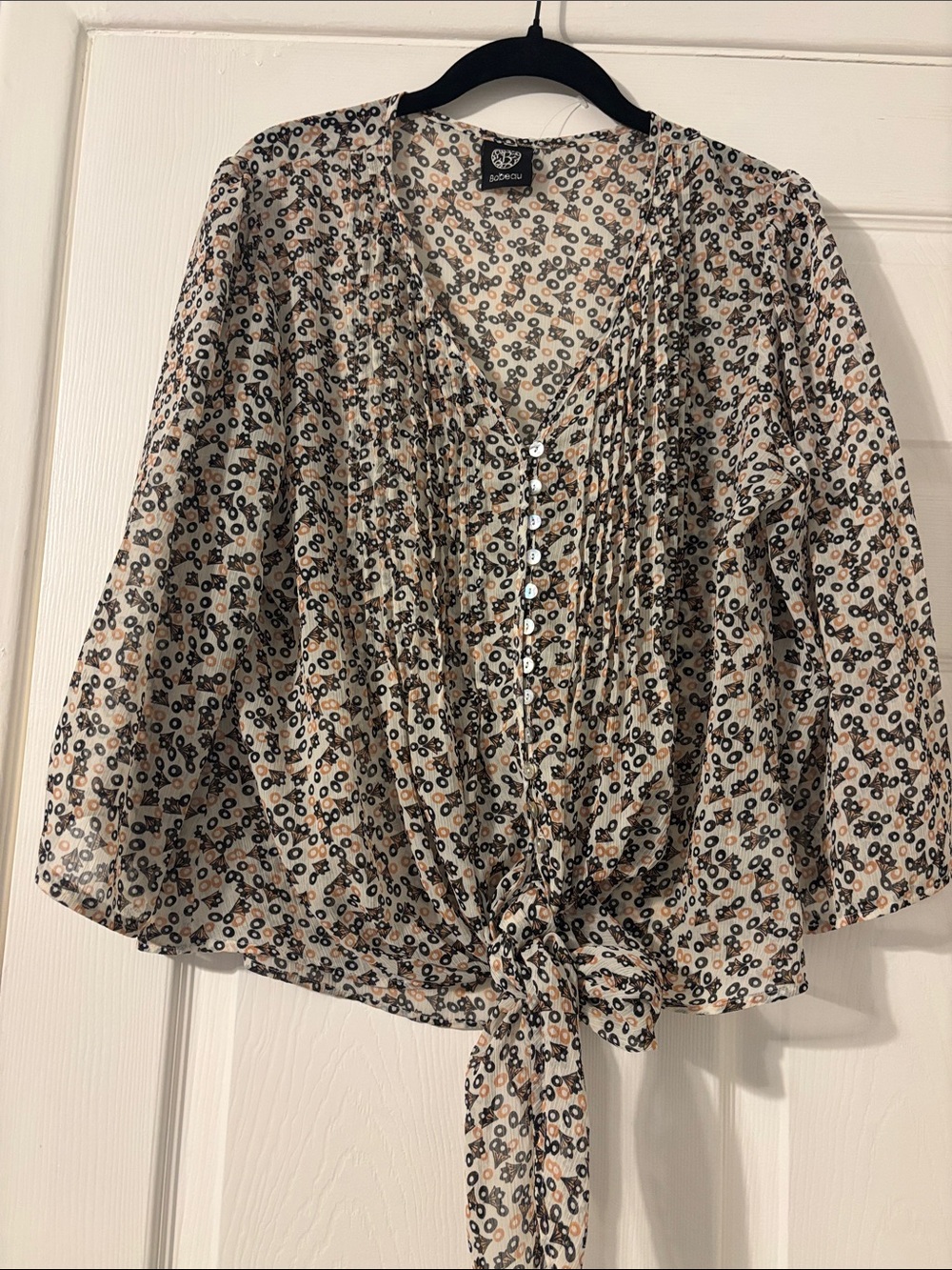 bobeau Cream Floral Tie-Front Blouse with Black and Tan Accents